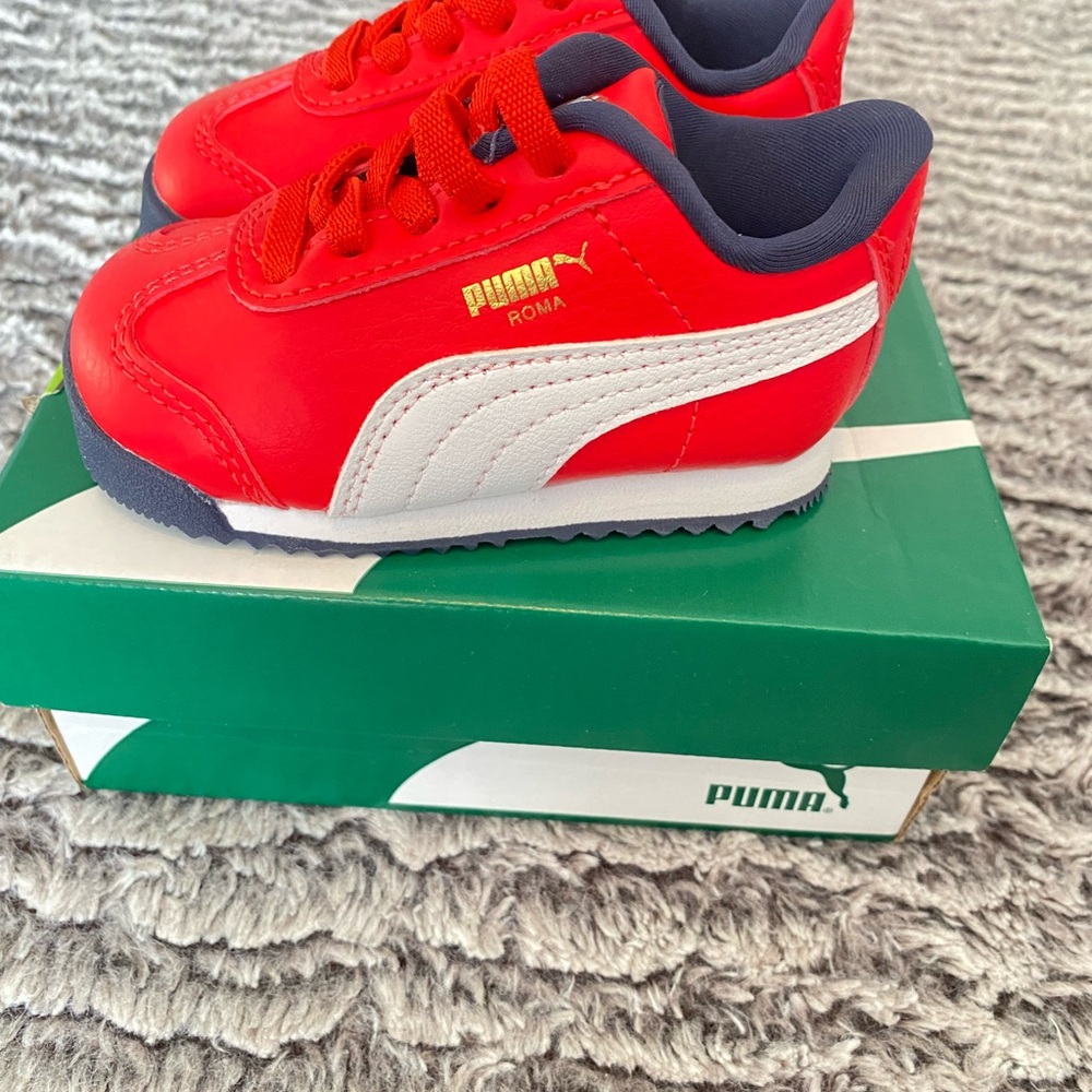 Puma Red and White Sneakers with Contrasting Stripe and Laces